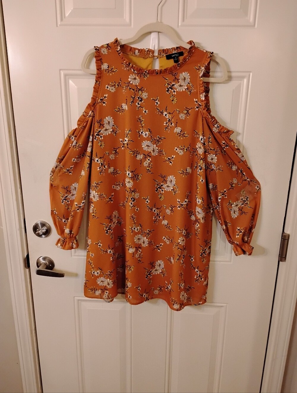 Very J Mustard Floral Cold-Shoulder Blouse